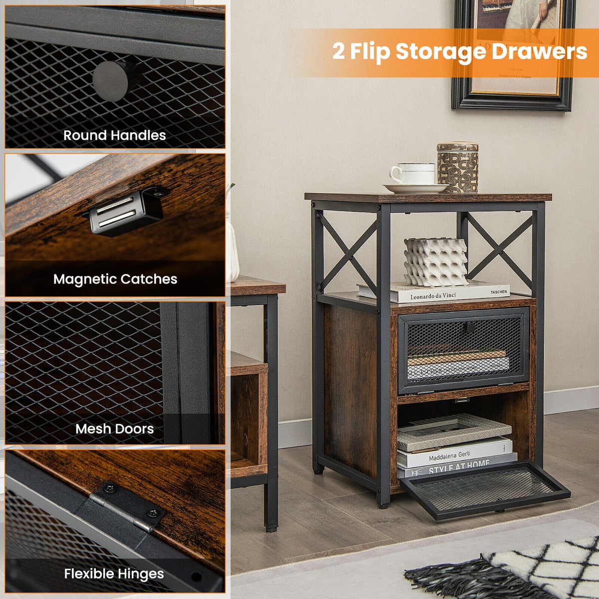 Set of 2 Modern Nightstand with 2 Flip Drawers and Open Shelf-Rustic Brown