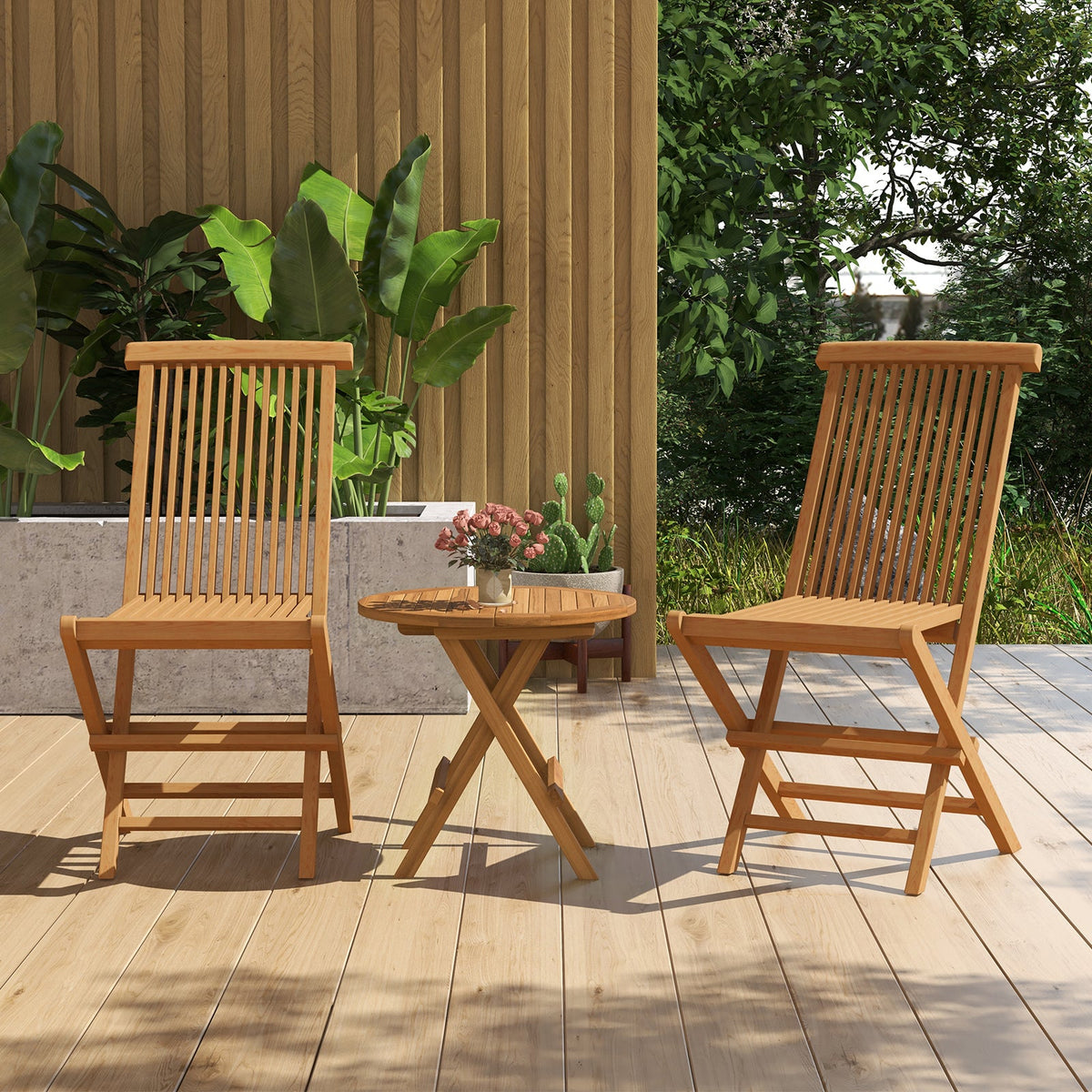 Set of 2 Indonesia Teak Patio Folding Chairs with High Back and Slatted Seat