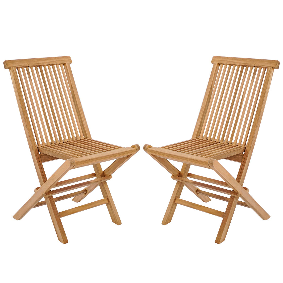 Set of 2 Indonesia Teak Patio Folding Chairs with High Back and Slatted Seat