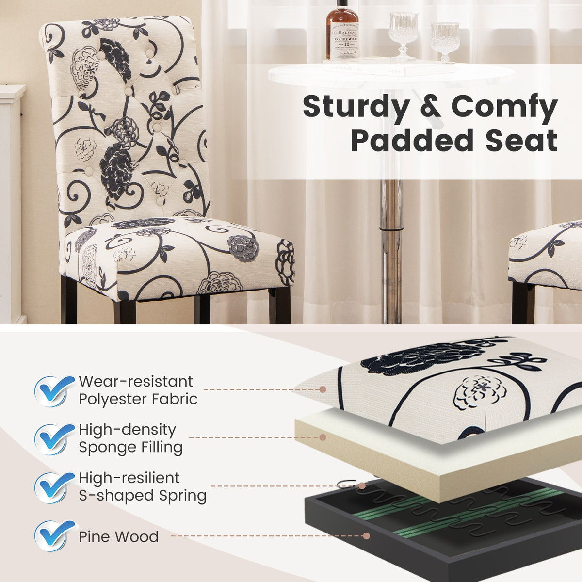 2 Pieces Tufted Dining Chair Set with Adjustable Anti-Slip Foot Pads