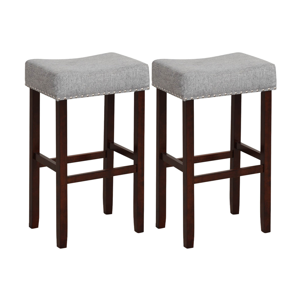 29 Inch Set of 2 Height Upholstered Bar Stool with Solid Rubber Wood Legs and Footrest-Gray