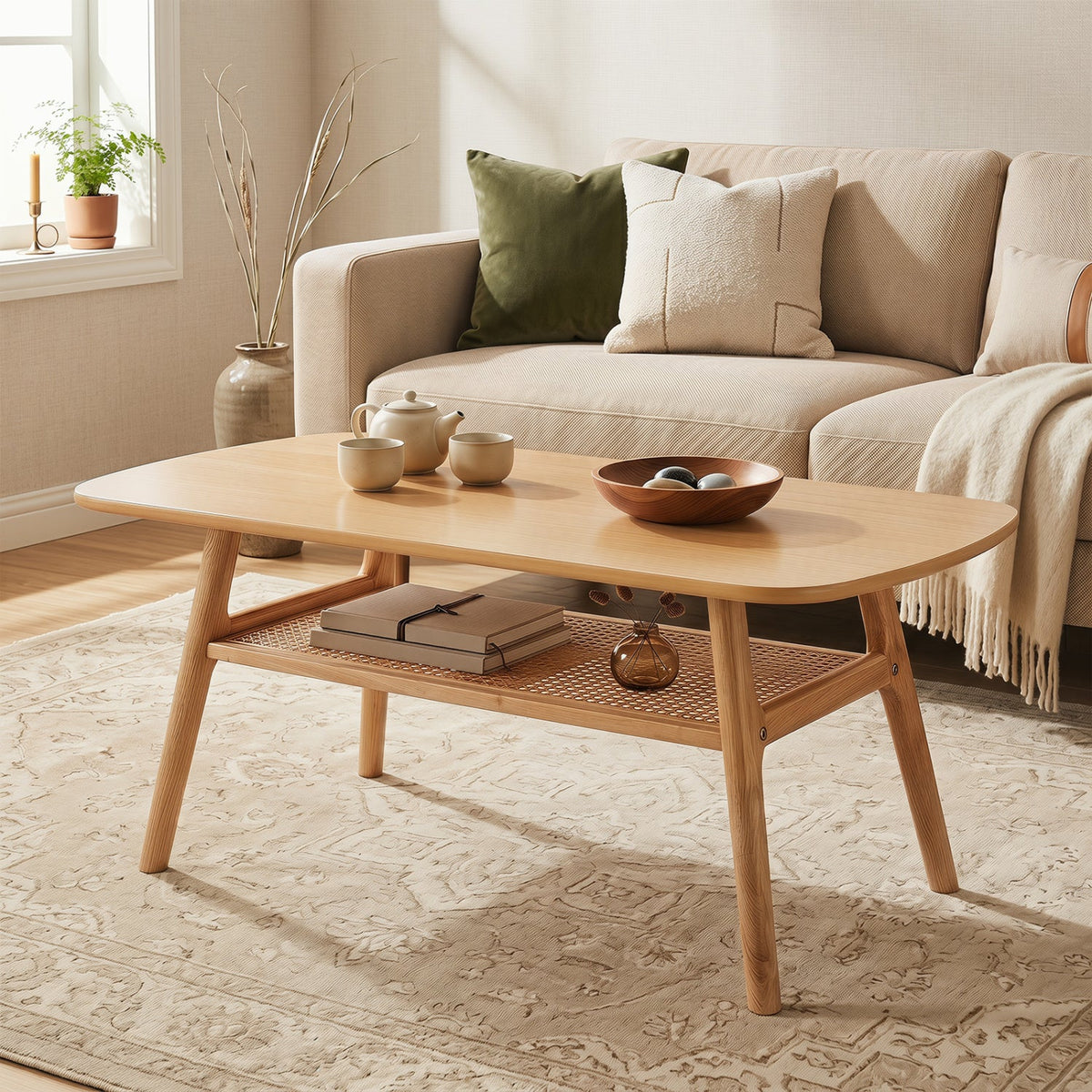 2-Tier Rattan Coffee Table with Rounded Corners
