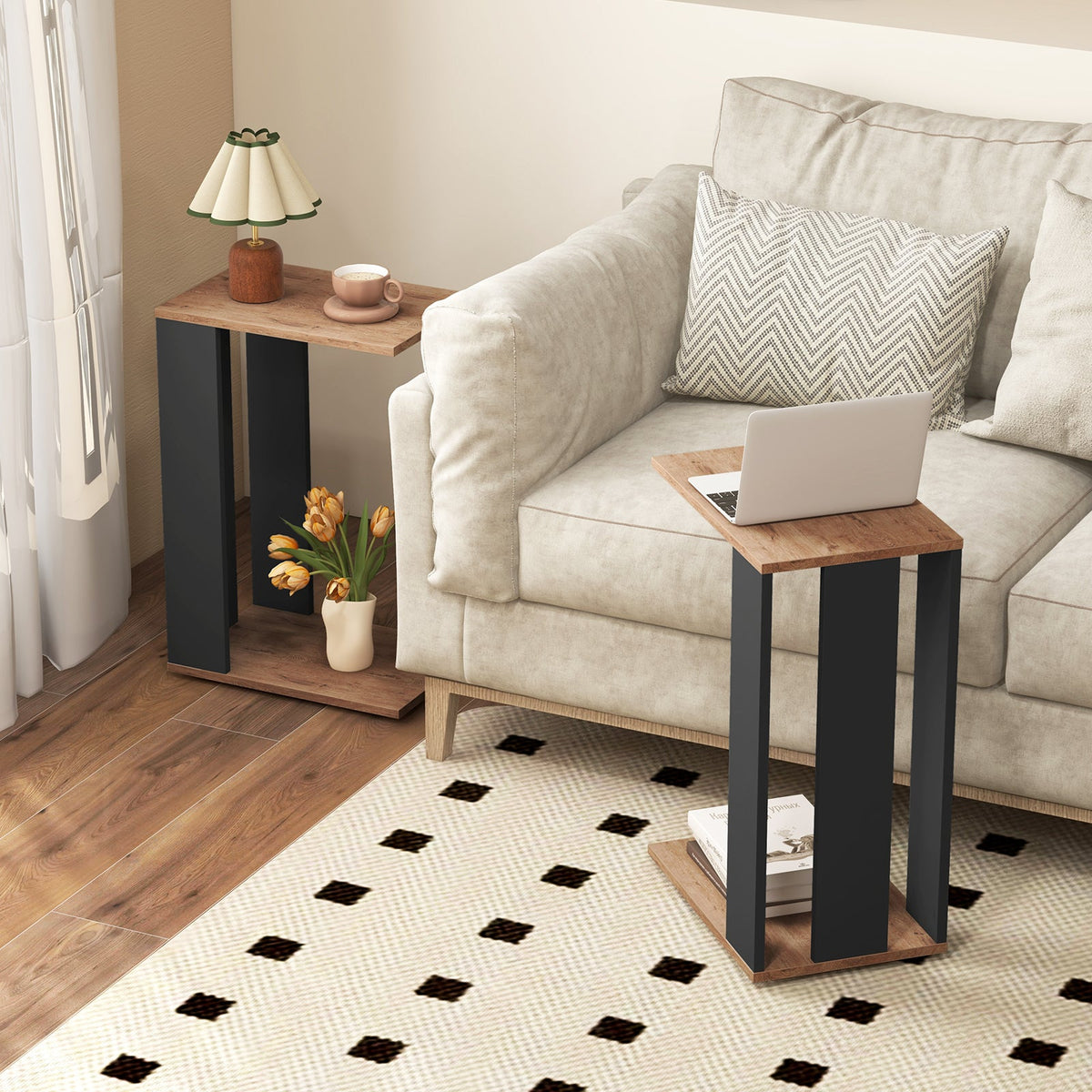 2-Tier C-Shaped Side Table with Universal Wheels and Shelf-Rustic Brown