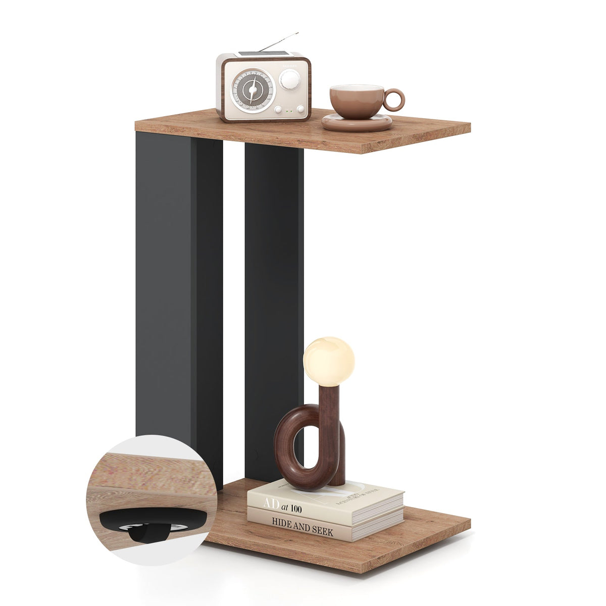 2-Tier C-Shaped Side Table with Universal Wheels and Shelf-Rustic Brown