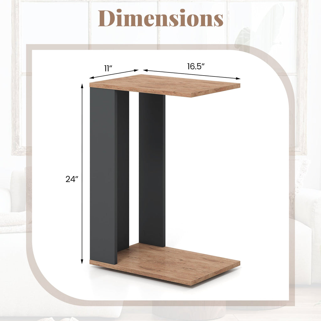 2-Tier C-Shaped Side Table with Universal Wheels and Shelf-Rustic Brown