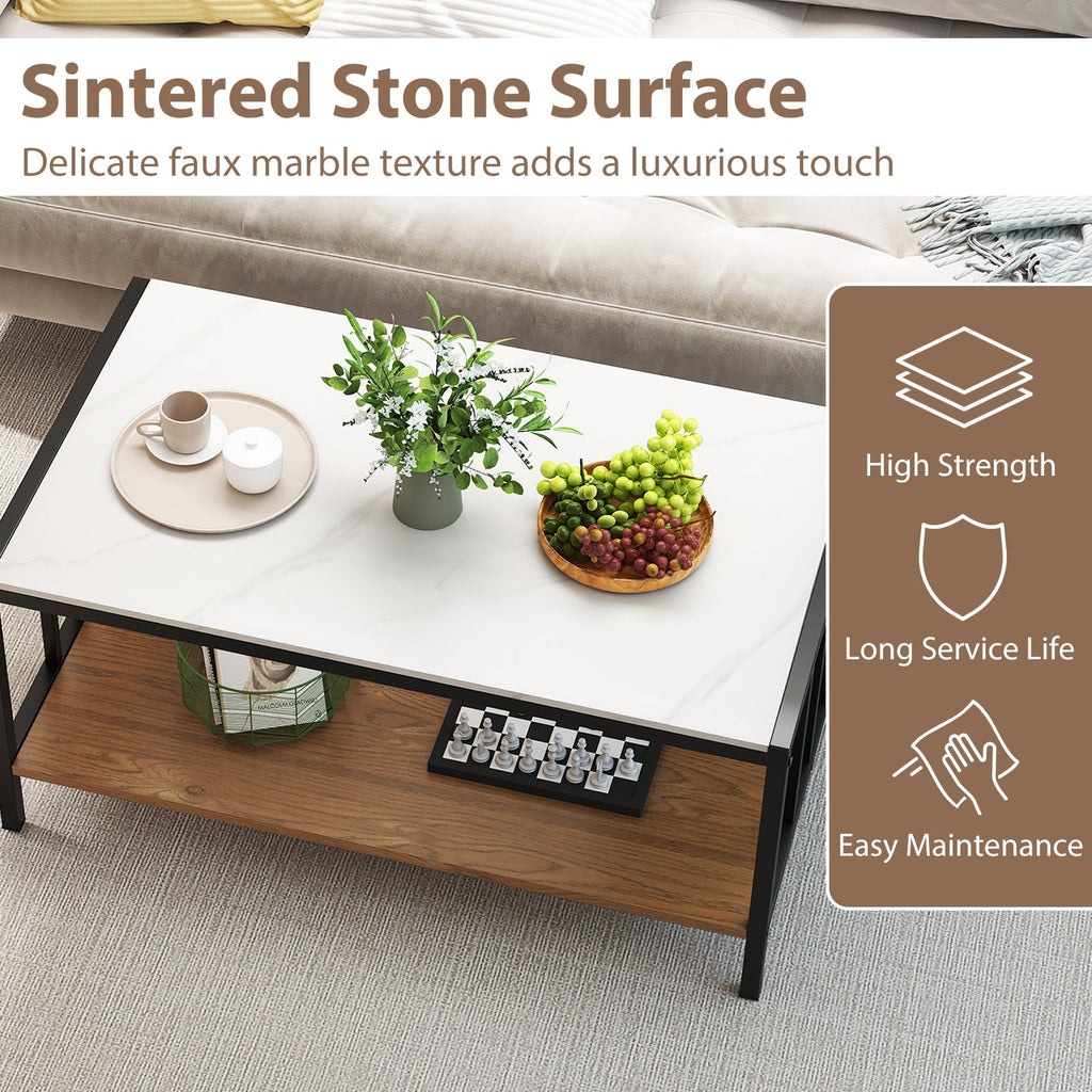 2 Tier Coffee Table with Sintered Stone Tabletop-White