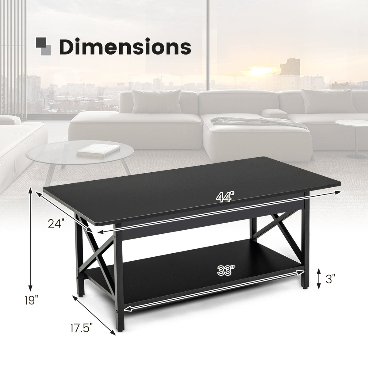 2-Tier Rectangle Coffee Table with Storage Shelf and X-shaped Metal Frame-Black