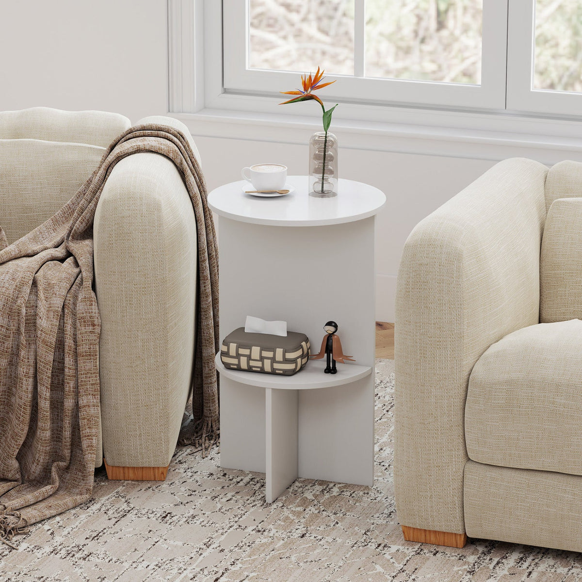 Round Side Table with Storage Shelf, 2-Tier White