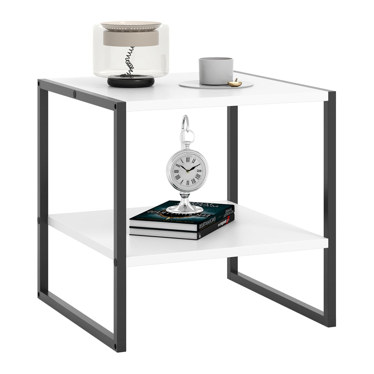 2-Tier Square End Table with Storage Shelf Reversible Design-White