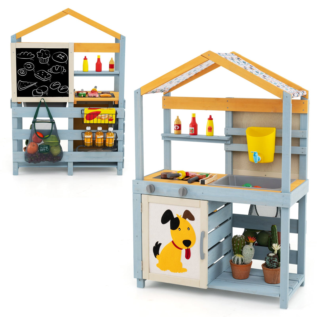 2 in 1 Wooden Mud Kitchen with Removable Water Box  and Storage Bag-Gray