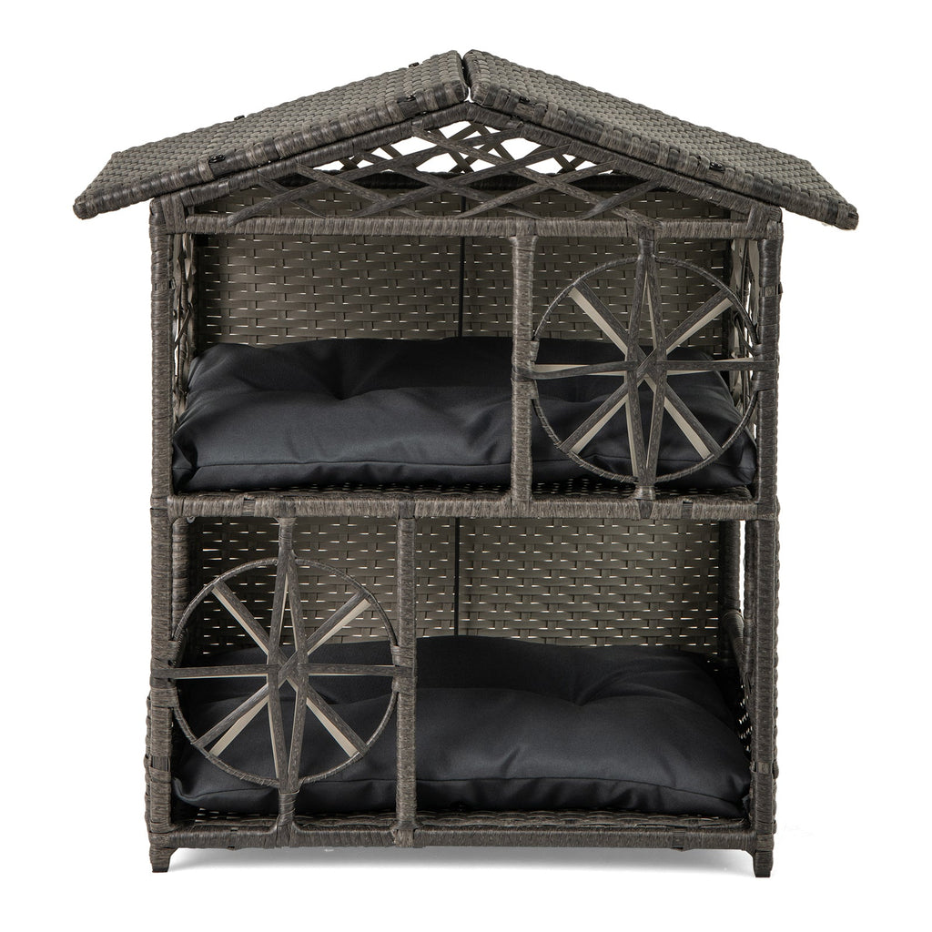 2-storey Wicker Cat House Rattan Kitten Condo Enclosure with Removable Cushions-Gray