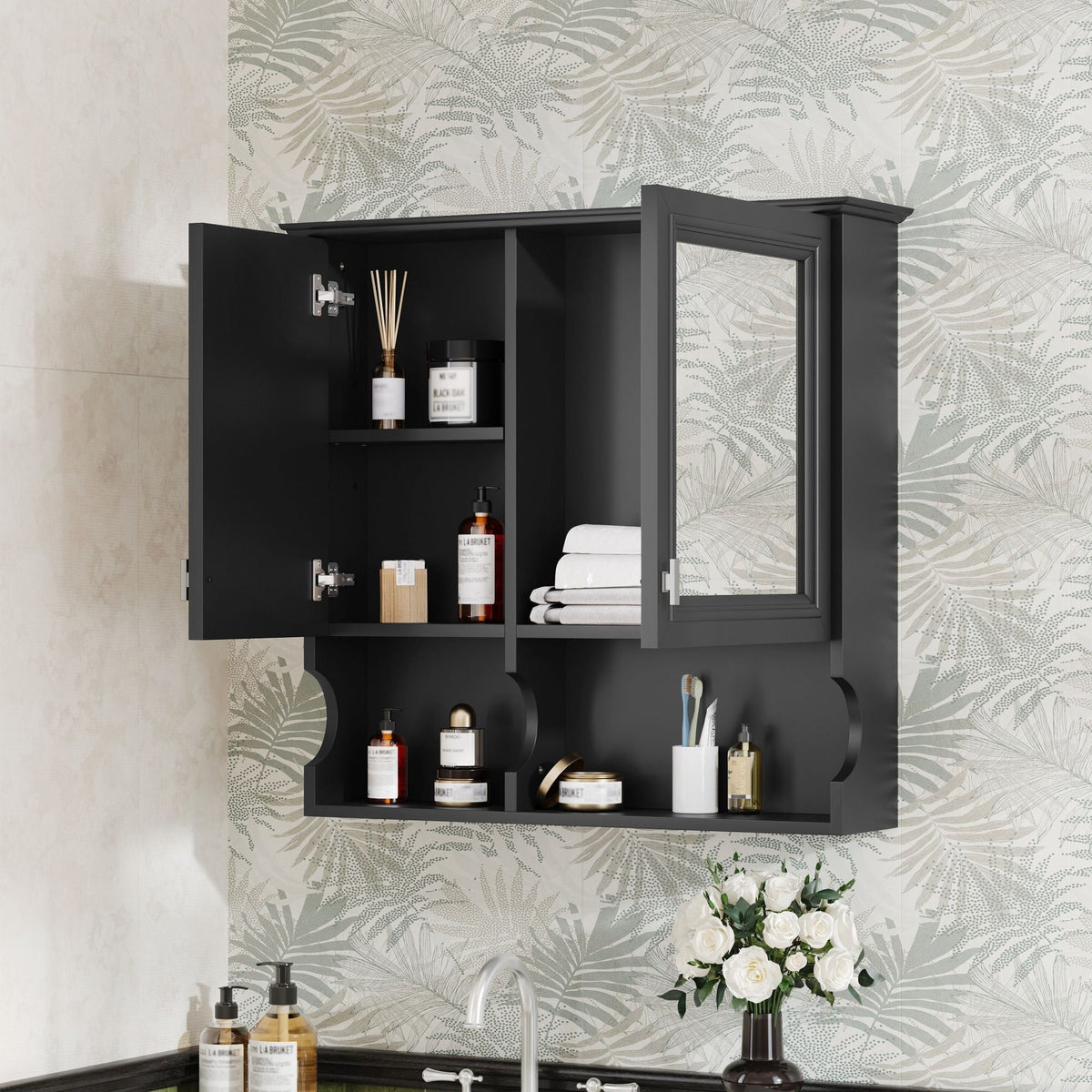 Wall Mounted Mirror Medicine Cabinet, Bathroom Storage With Doors And Open Shelves