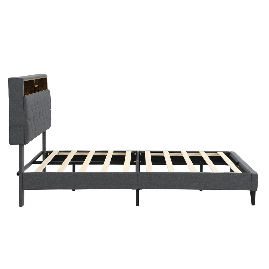 Modern Upholstered Platform Bed Frame With Button Tufted Headboard And USB Ports