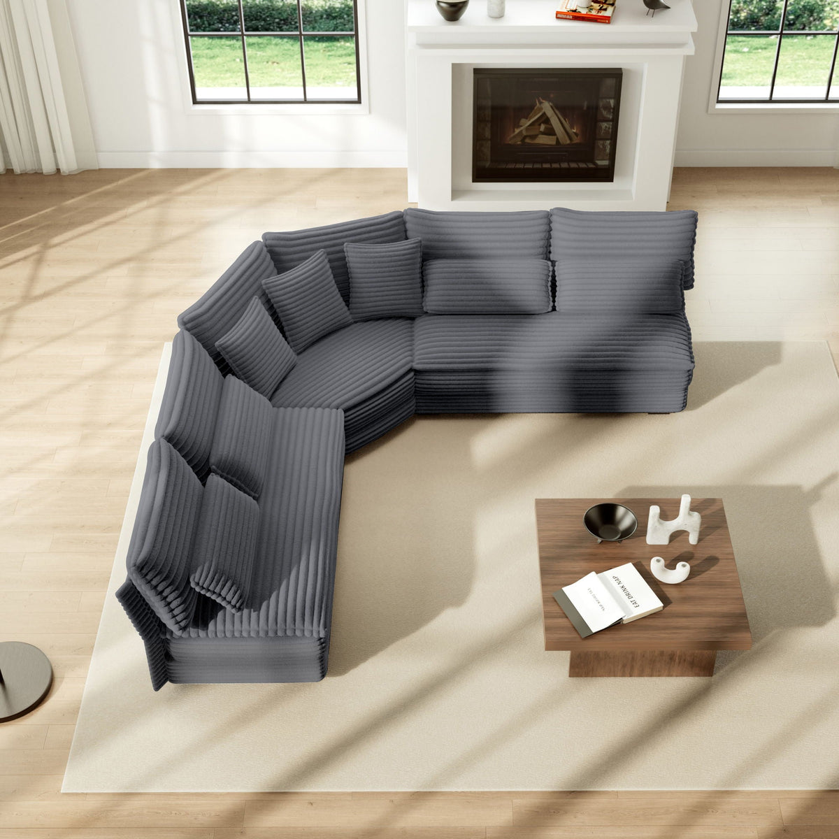 5 Seater L Shaped Sectional Sofa With Curved Corner, 7 Pillows
