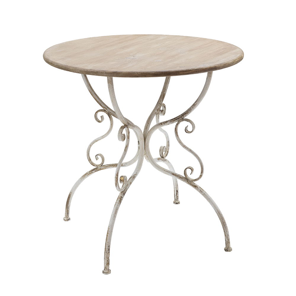 Round Wooden Table With Metal Scrollwork Legs - White Washed