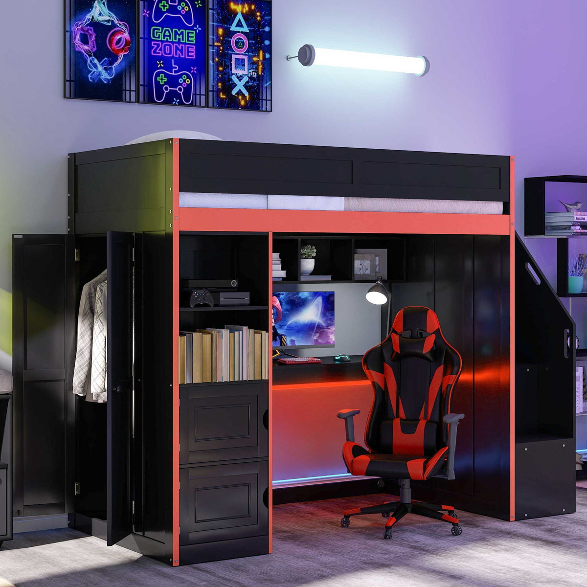 Gaming Loft Bed With Desk And Storage, LED Lights