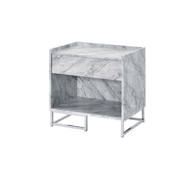 Azrael - Accent Table - White Printed Faux Marble & Chrome