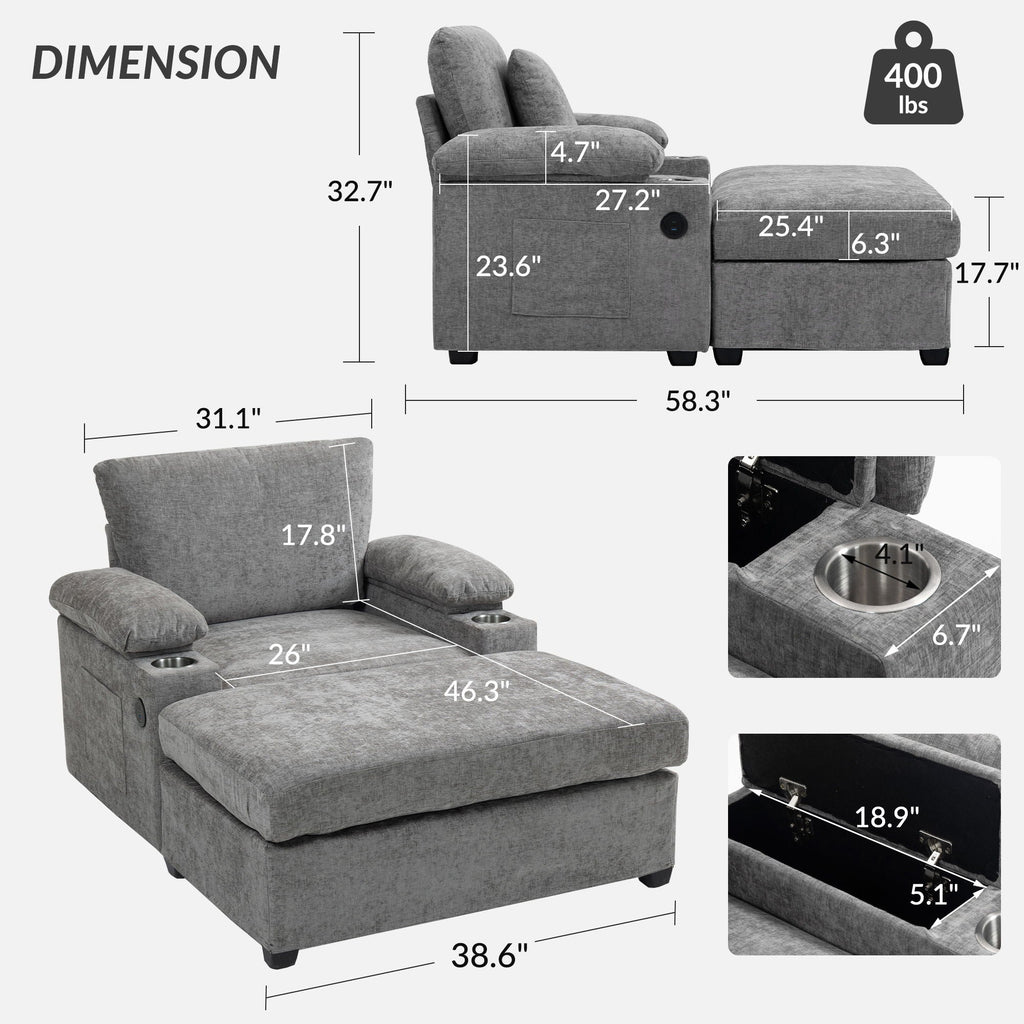 Modern Oversized Chair With Ottoman, Cupholders And USB Charging Ports