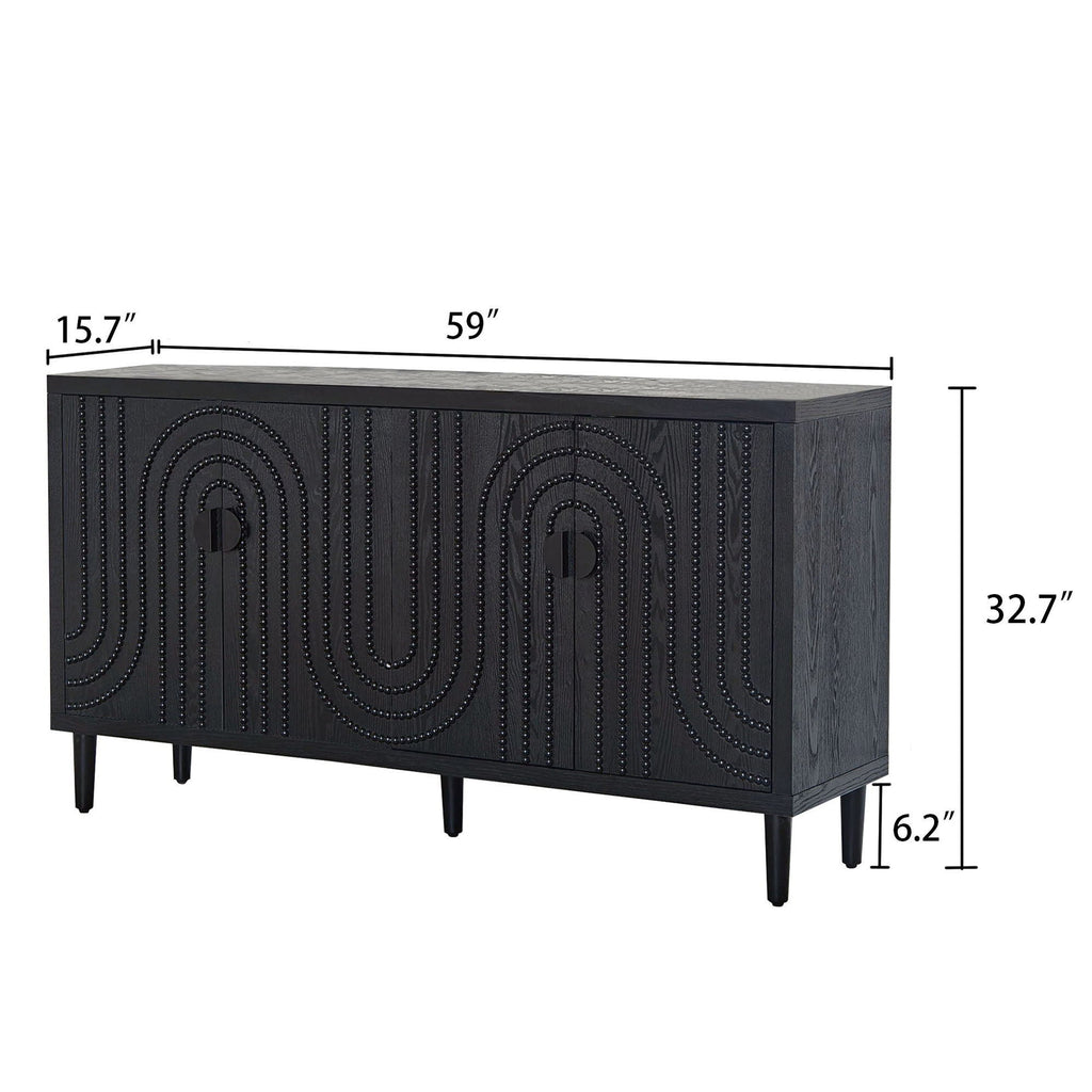 Modern Sideboard Cabinet With Decorative Nailhead Accents, Stylish Storage Solution For Dining, Living Rooms - Black