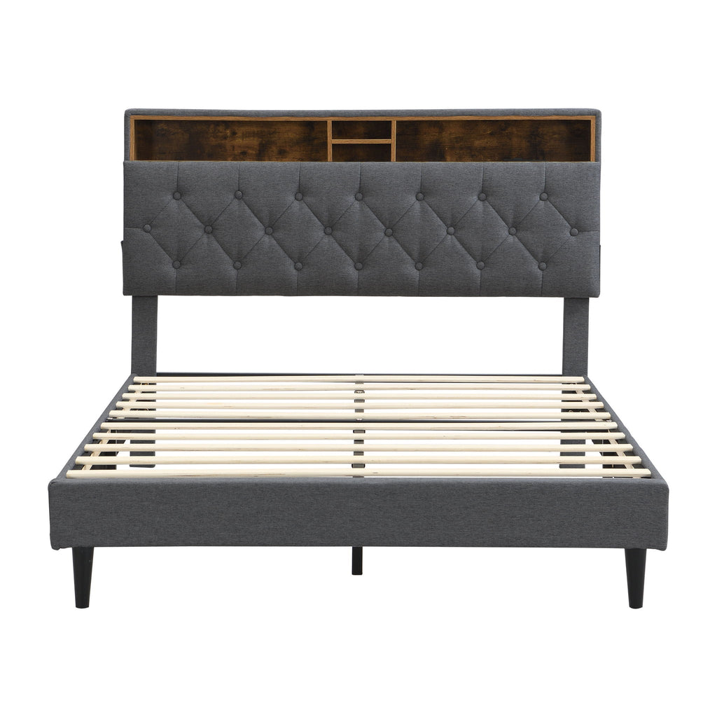 Modern Upholstered Platform Bed Frame With Button Tufted Headboard And USB Ports