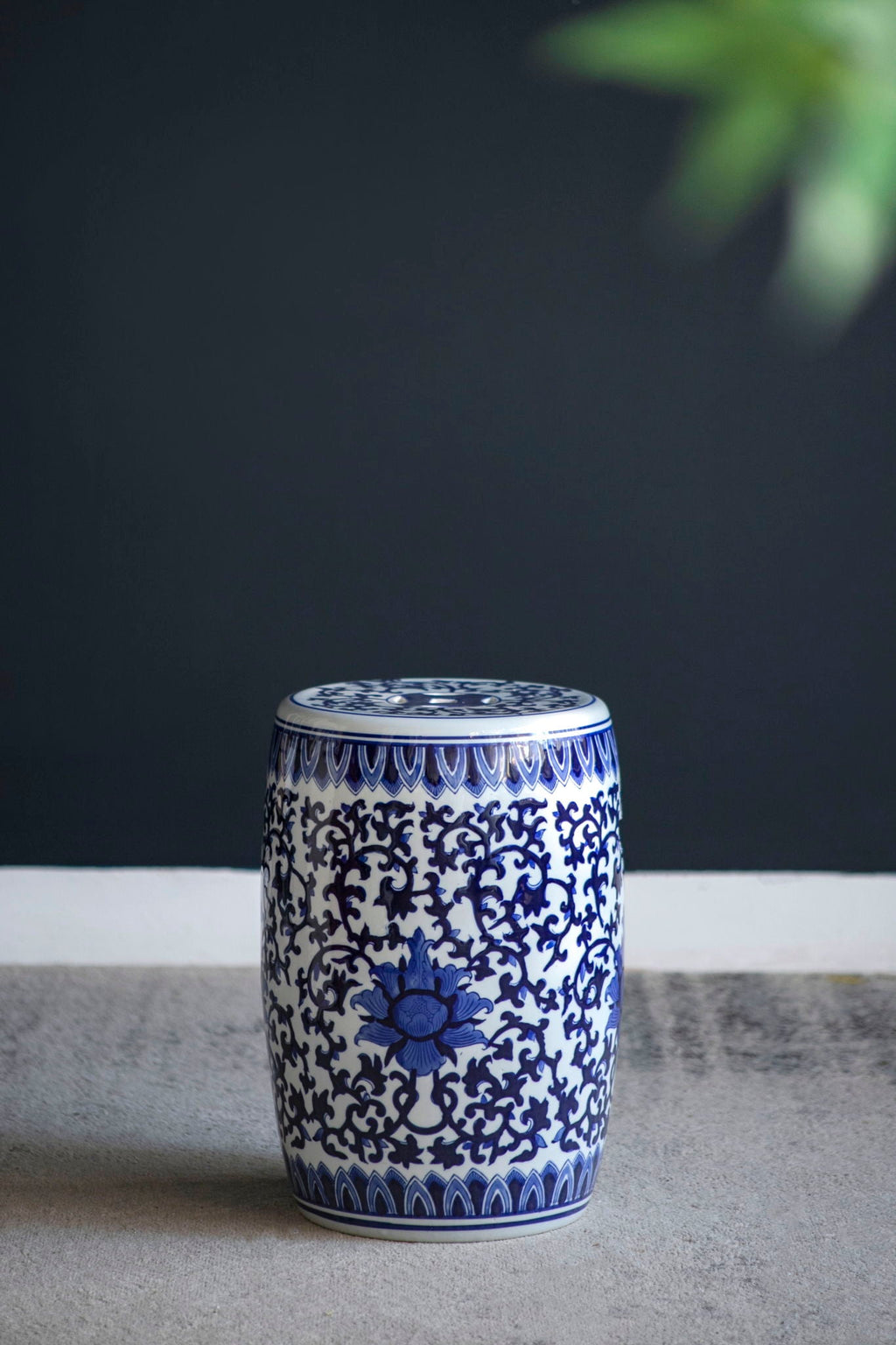 Ceramic Garden Stool, Small Side Tabel - White / Blue