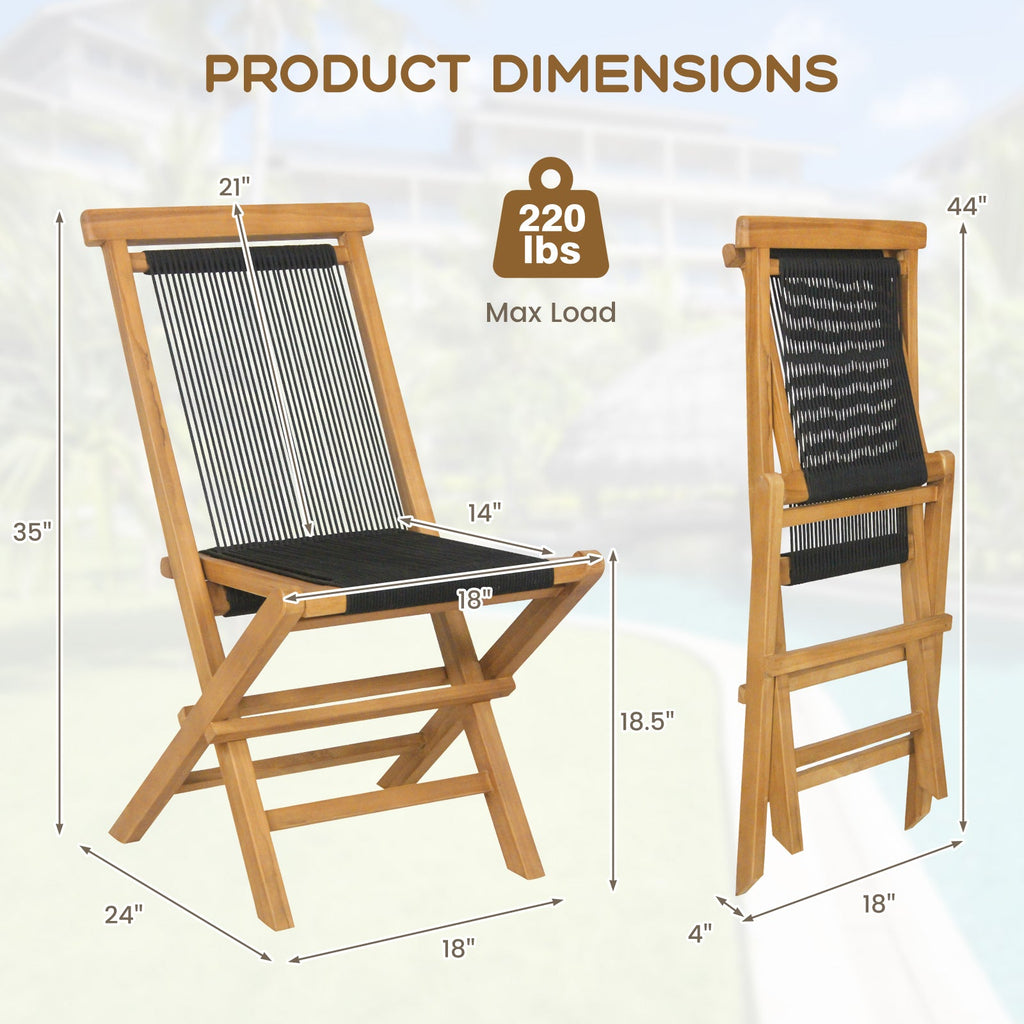 2 Piece Indonesia Teak Patio Folding Chairs with Woven Rope Seat and Back for Porch Backyard Poolside