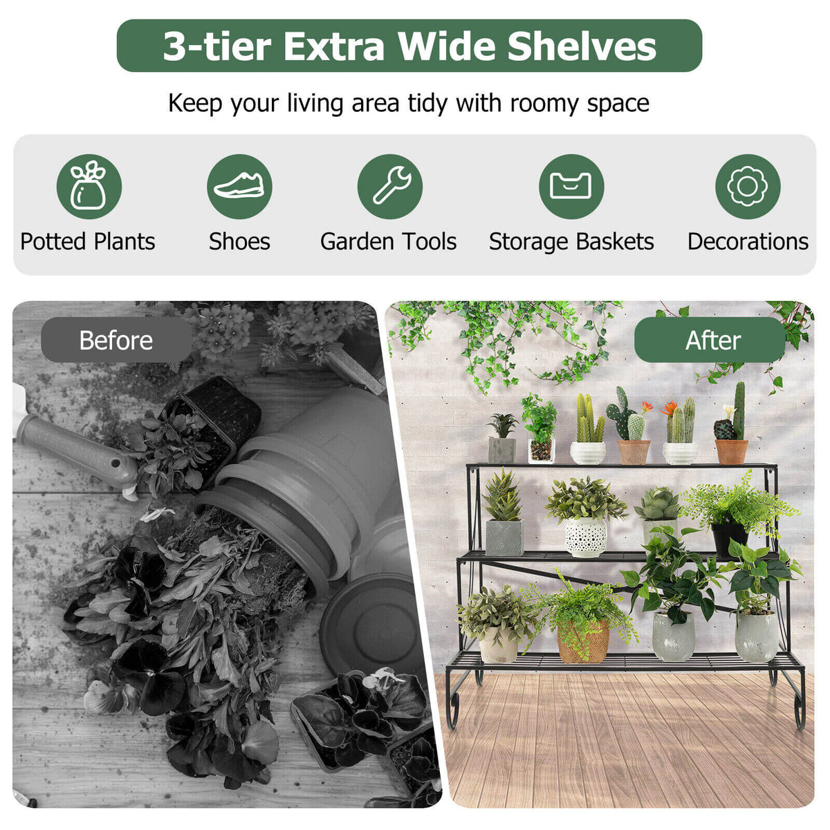 3-Tier Mental Plant Stand with Grid Shelf