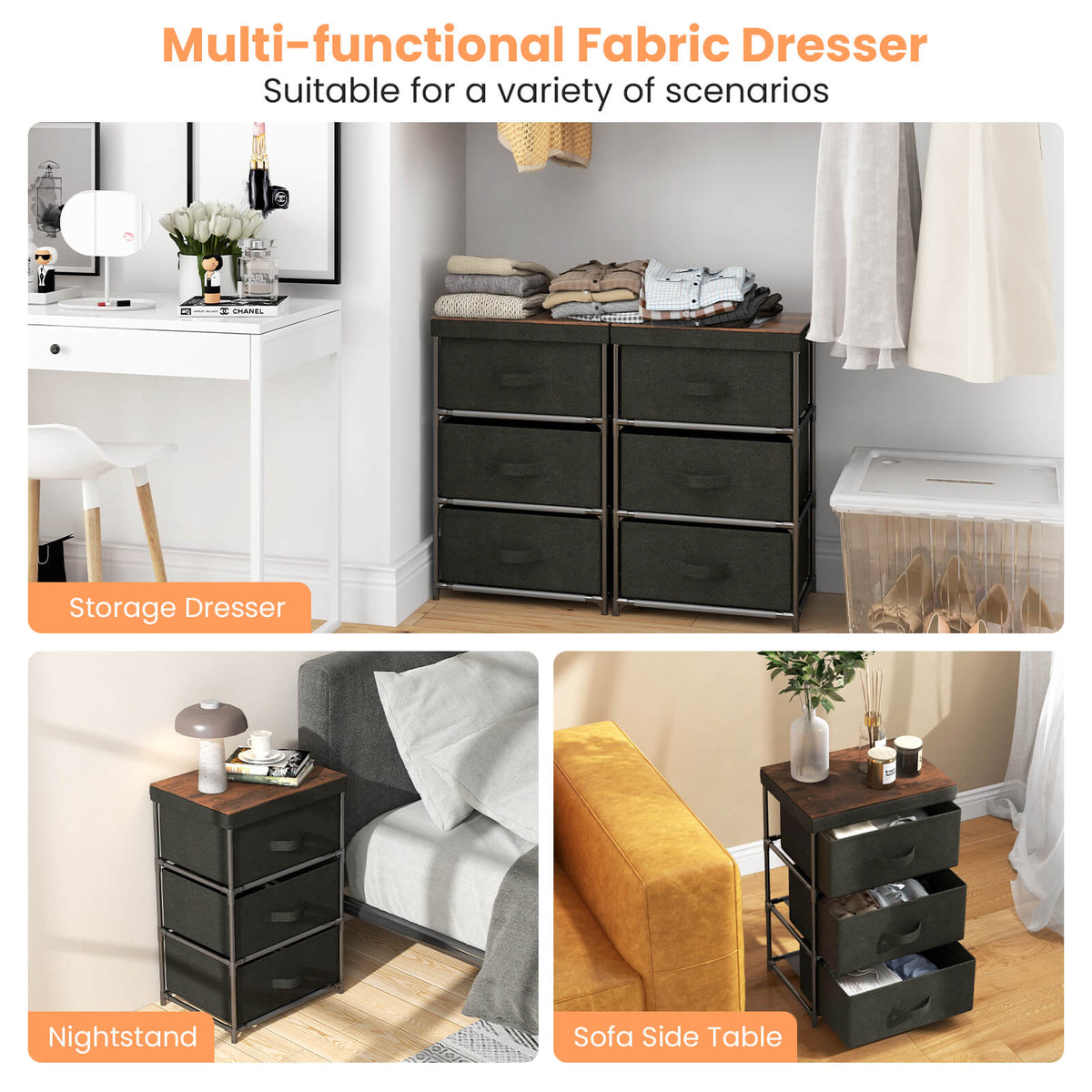 3-Tier Fabric Nightstand with Sturdy Metal Frame