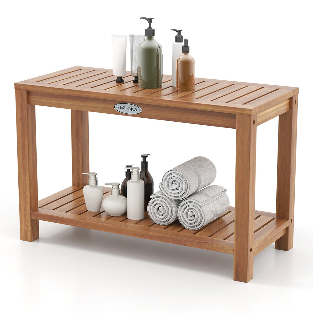 30 Inch Teak Wood Shower Bench Inside Shower Stool with Storage Shelf
