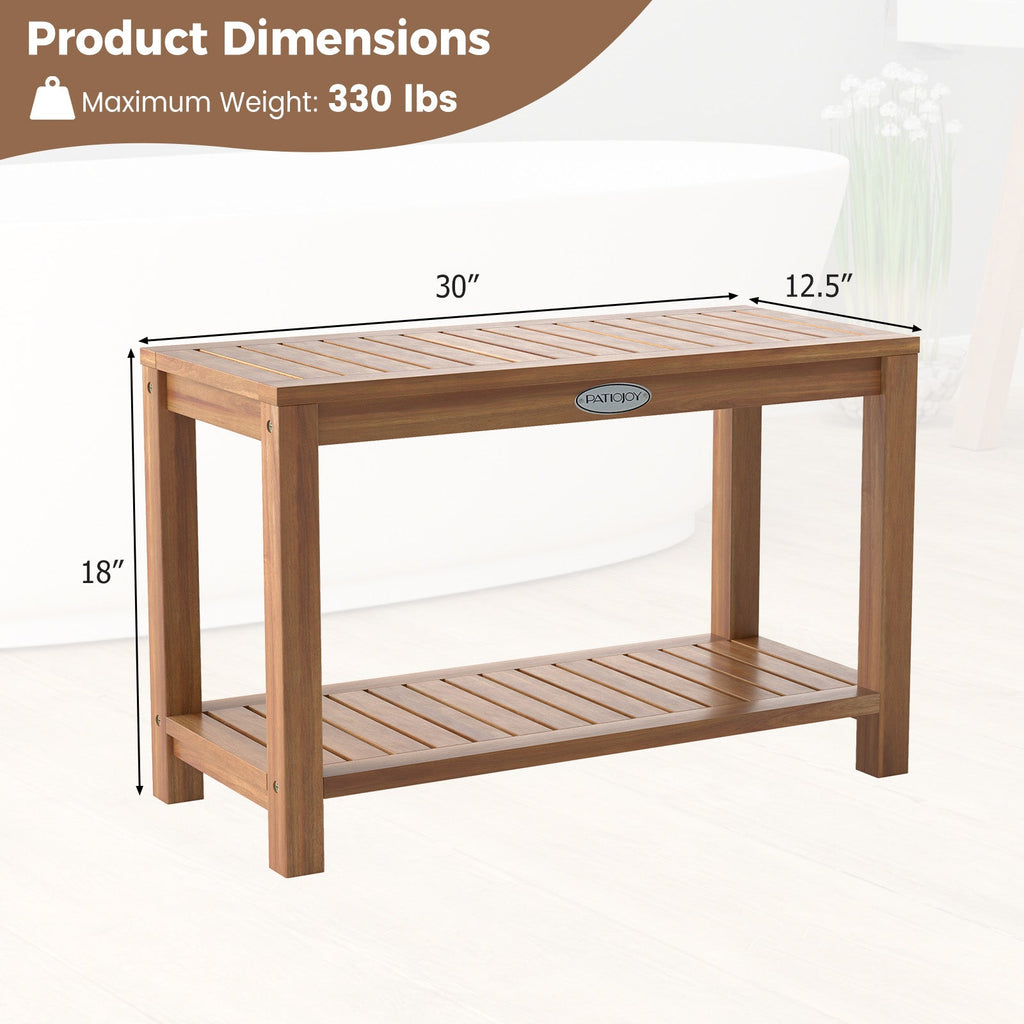 30 Inch Teak Wood Shower Bench Inside Shower Stool with Storage Shelf