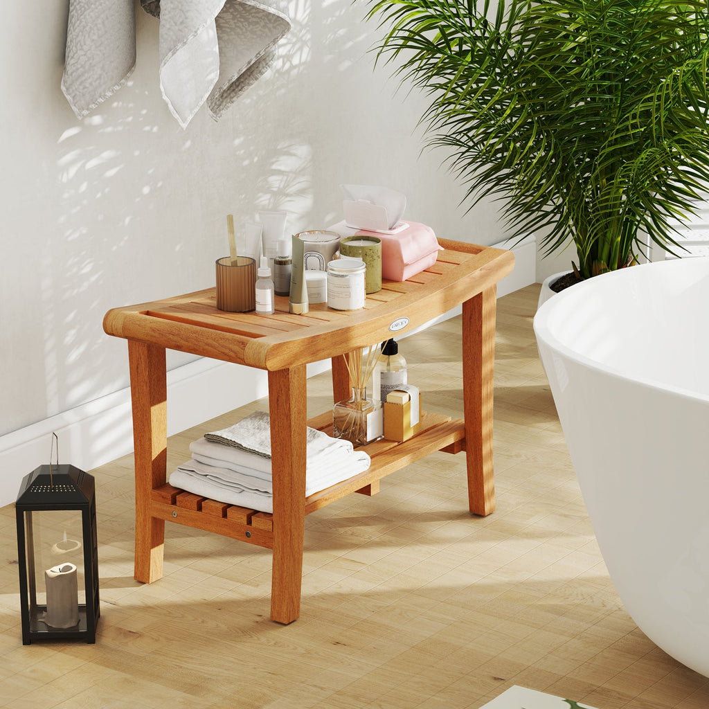 30 Inches Large Teak Shower Stool with Storage Shelf and Non-slip Footpads