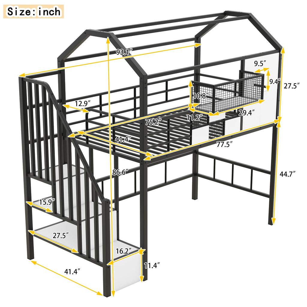 Metal Loft Bed With Roof Design And Storage Box With Guardrails And Integrated Ladder