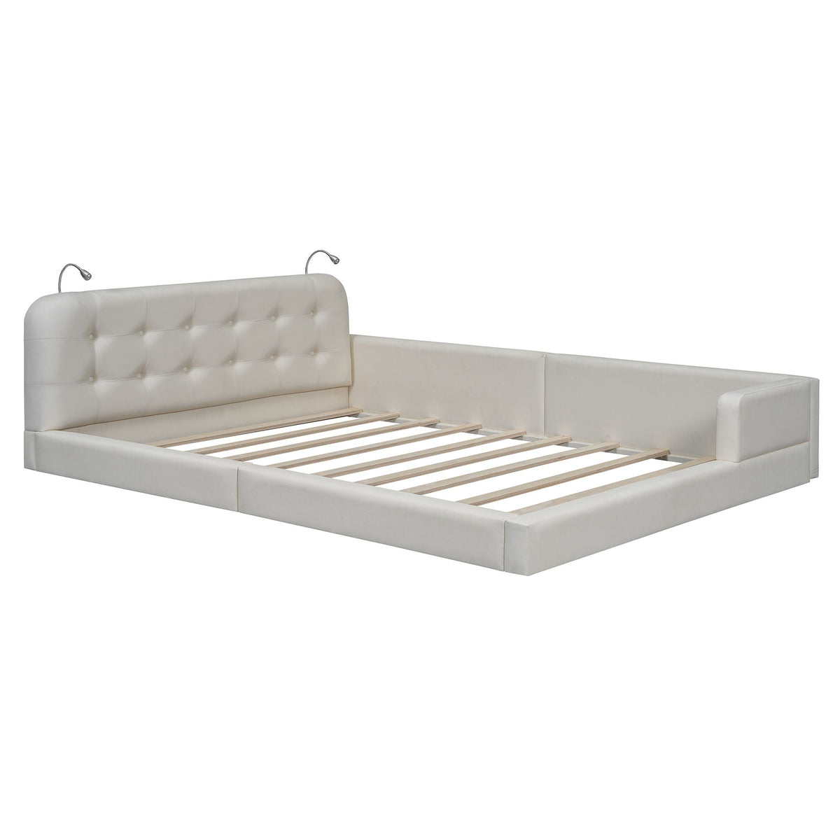 Queen Size Upholstered Platform Bed With 2 Reading Lights - White