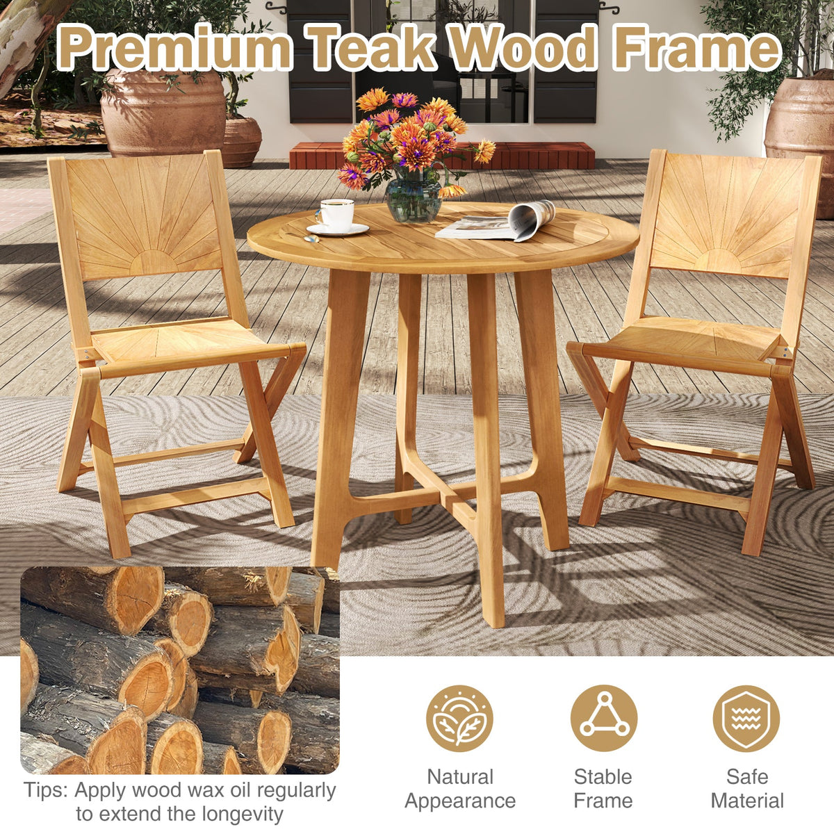 31.5 Inches Patio Dining Table with Slatted Tabletop and X-shaped Frame