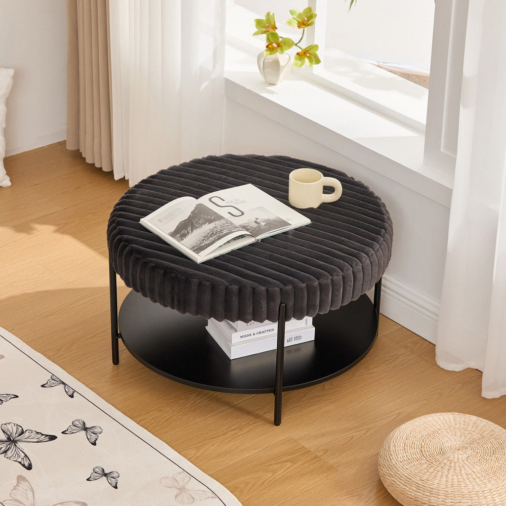 Modern Upholstered Round Ottoman Coffee Table With Storage Shelf