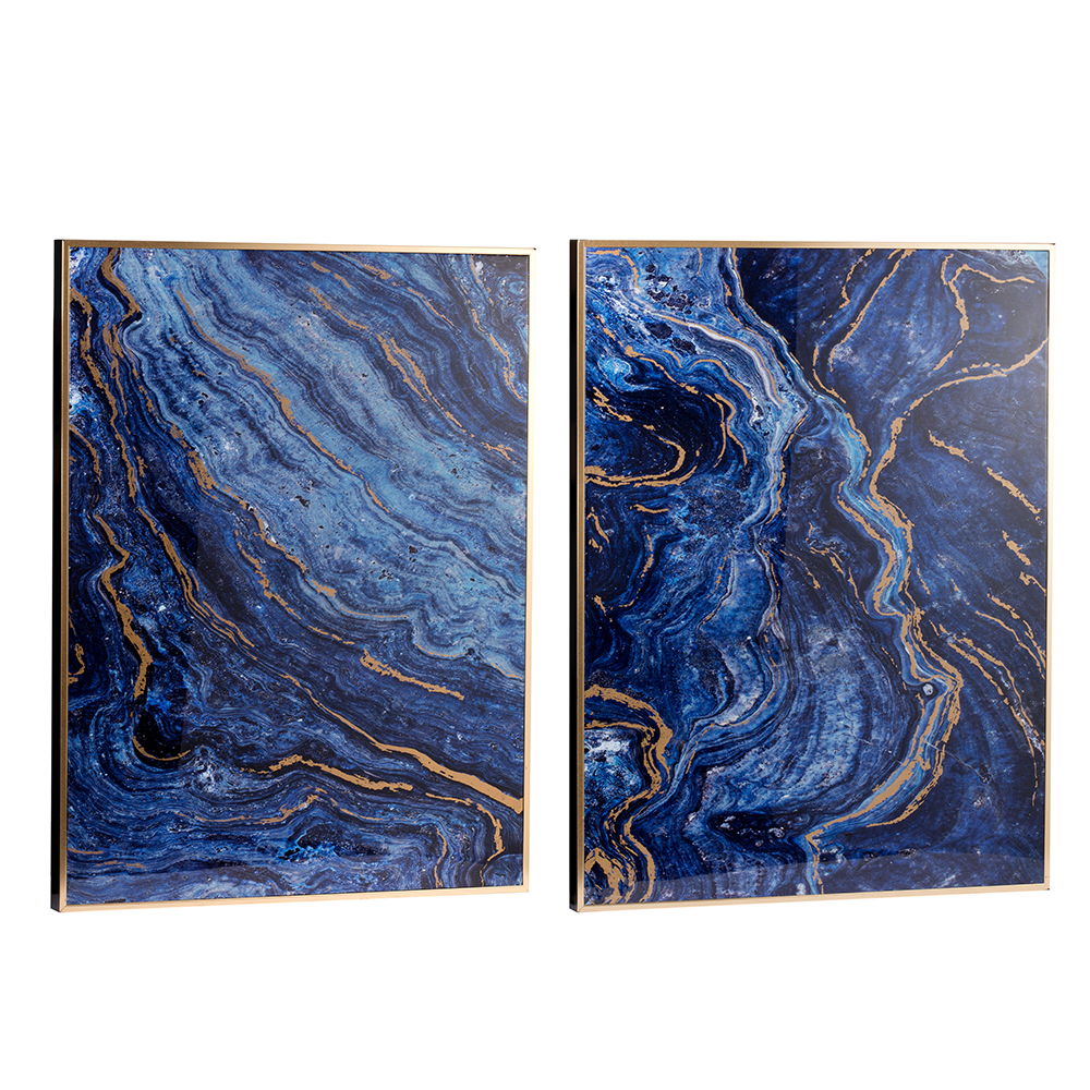 Framed Art Panels, Unique Marbled Design (Set of 2) - Blue