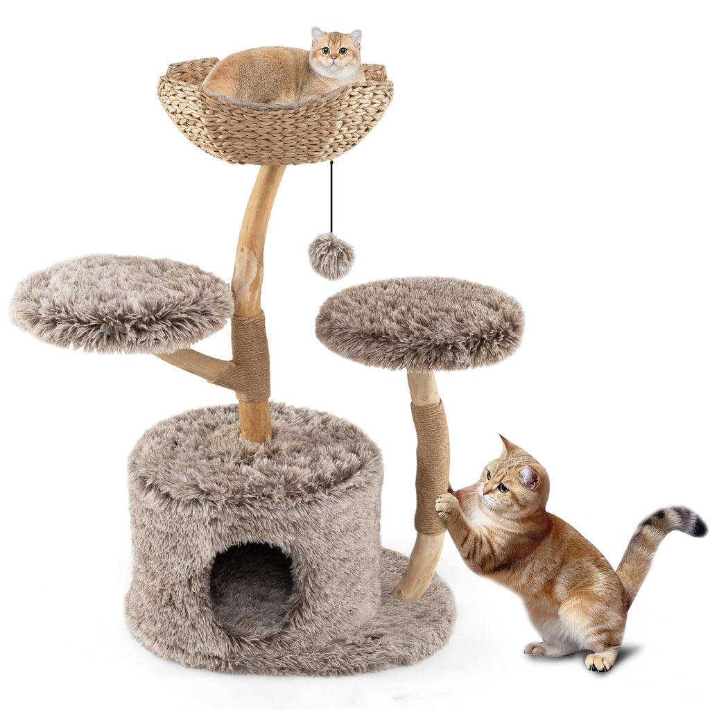 Wood Cat Tree Solid Pear Cat Tree with Perch and Sisal Scratching Posts-Brown