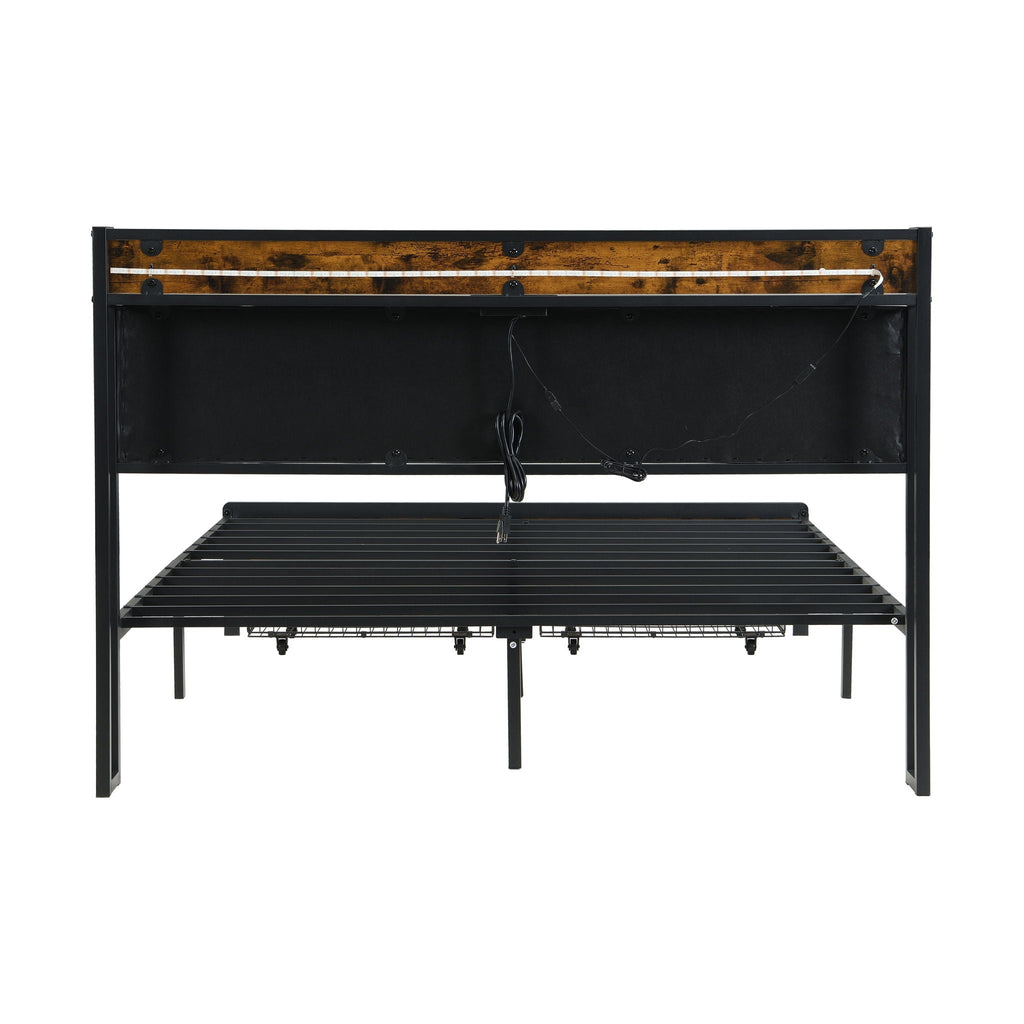 Modern Bed Frame With LED Lights, Upholstered Headboard, USB Charging