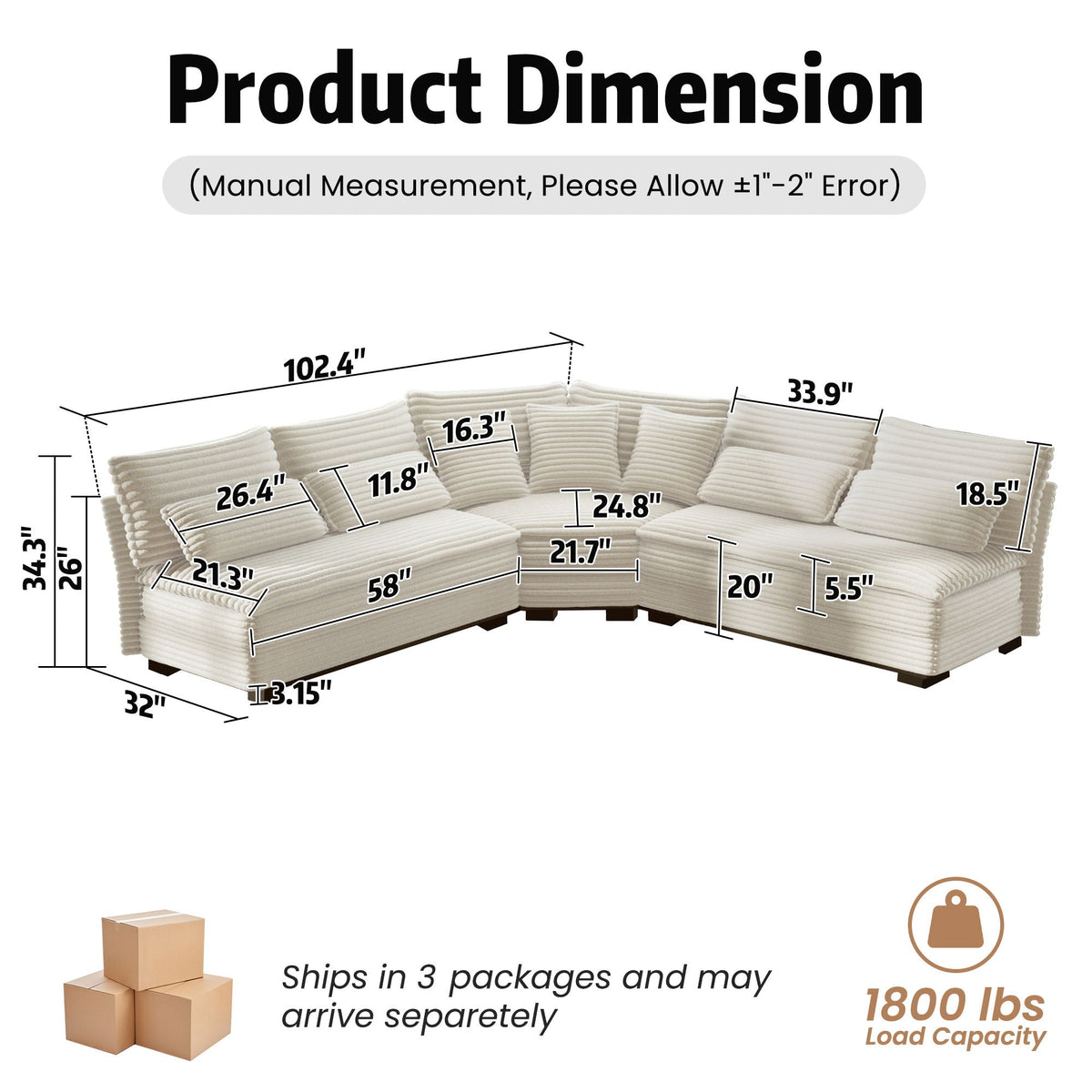 5 Seater L Shaped Sectional Sofa With Curved Corner, 7 Pillows