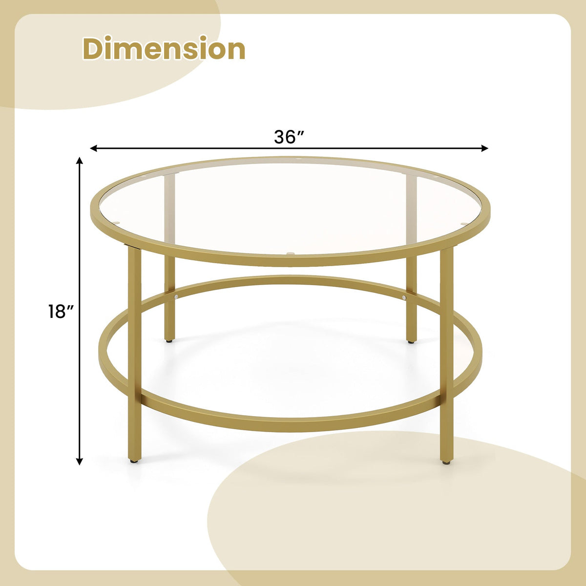 36 Inch Round Coffee Table with Tempered Glass Tabletop