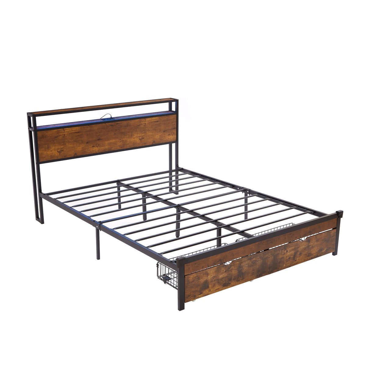 Modern Metal Platform Bed Frame With Wooden Headboard And Footboard, USB Charging Station, LED Lights, 2 Drawers
