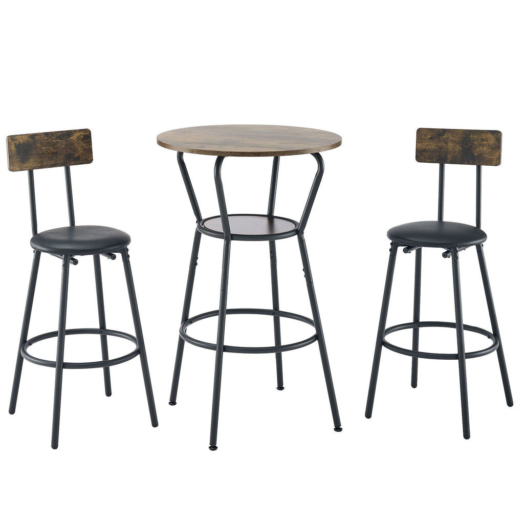Rustic Brown Round Bar Table And Stool Set With Shelf, Upholstered Stool With Backrest - Antique Brown