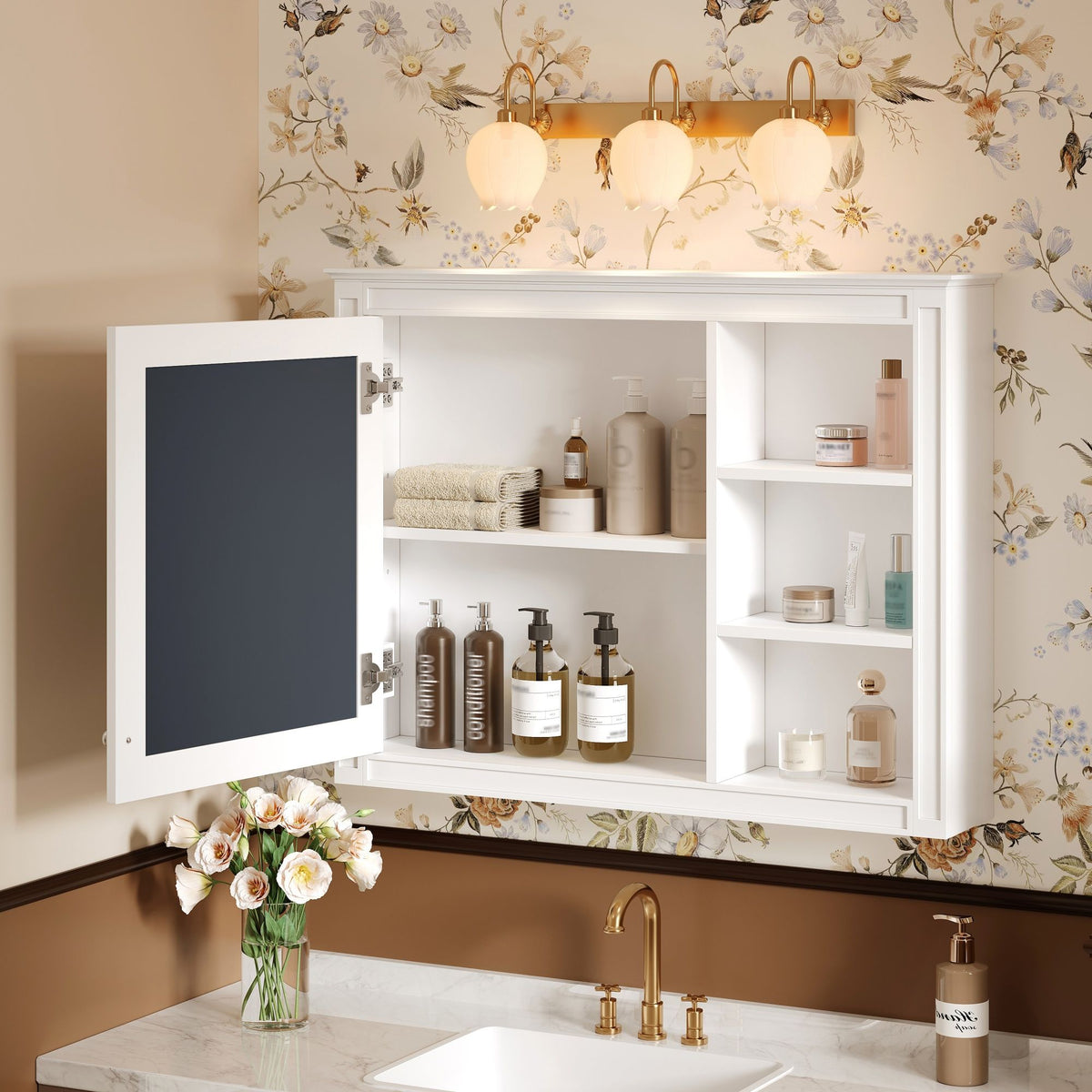 Wall Mounted Medicine Cabinet With Mirror, Adjustable Shelf - White