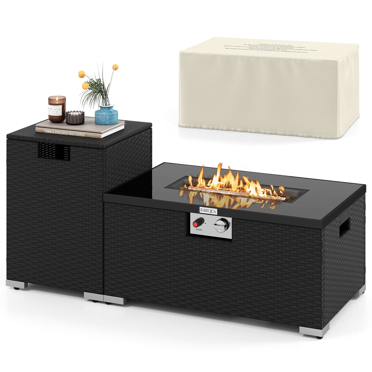 2-Piece Outdoor Rattan Fire Table Set 32 Inch Rectangle Gas Firepit with Tank Cover