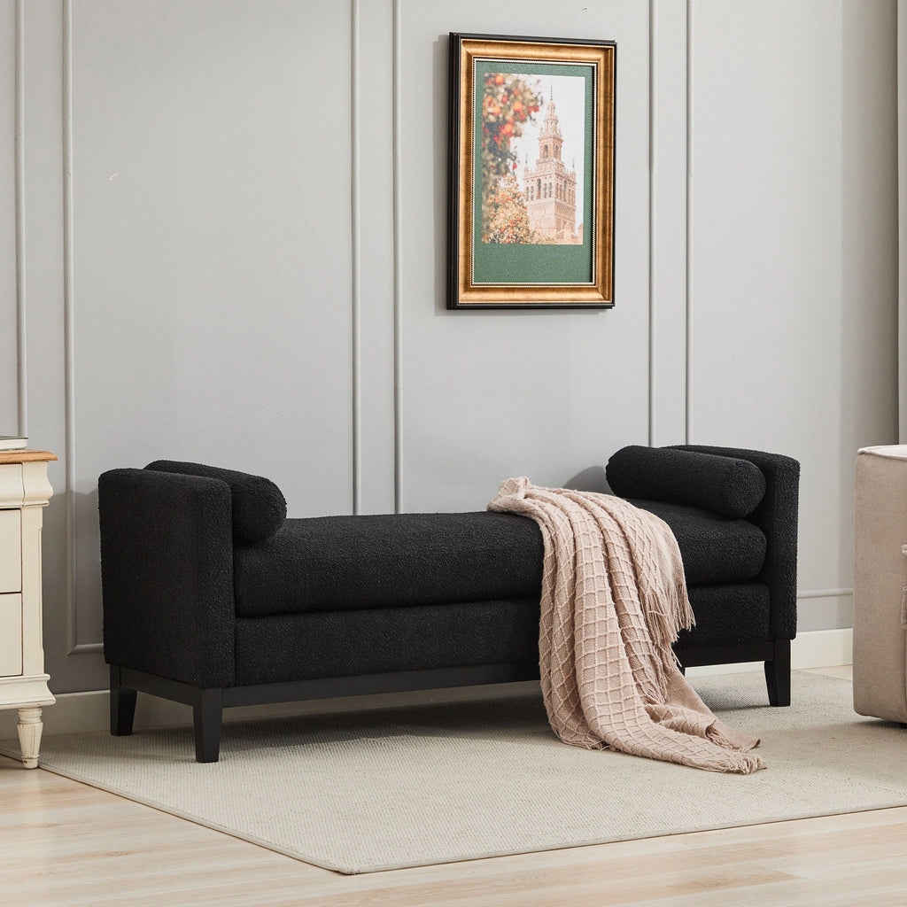 Elegant Upholstered Bench, Daybed, Ottoman With Wood Legs & 2 Bolster Pillows - Black Boucle