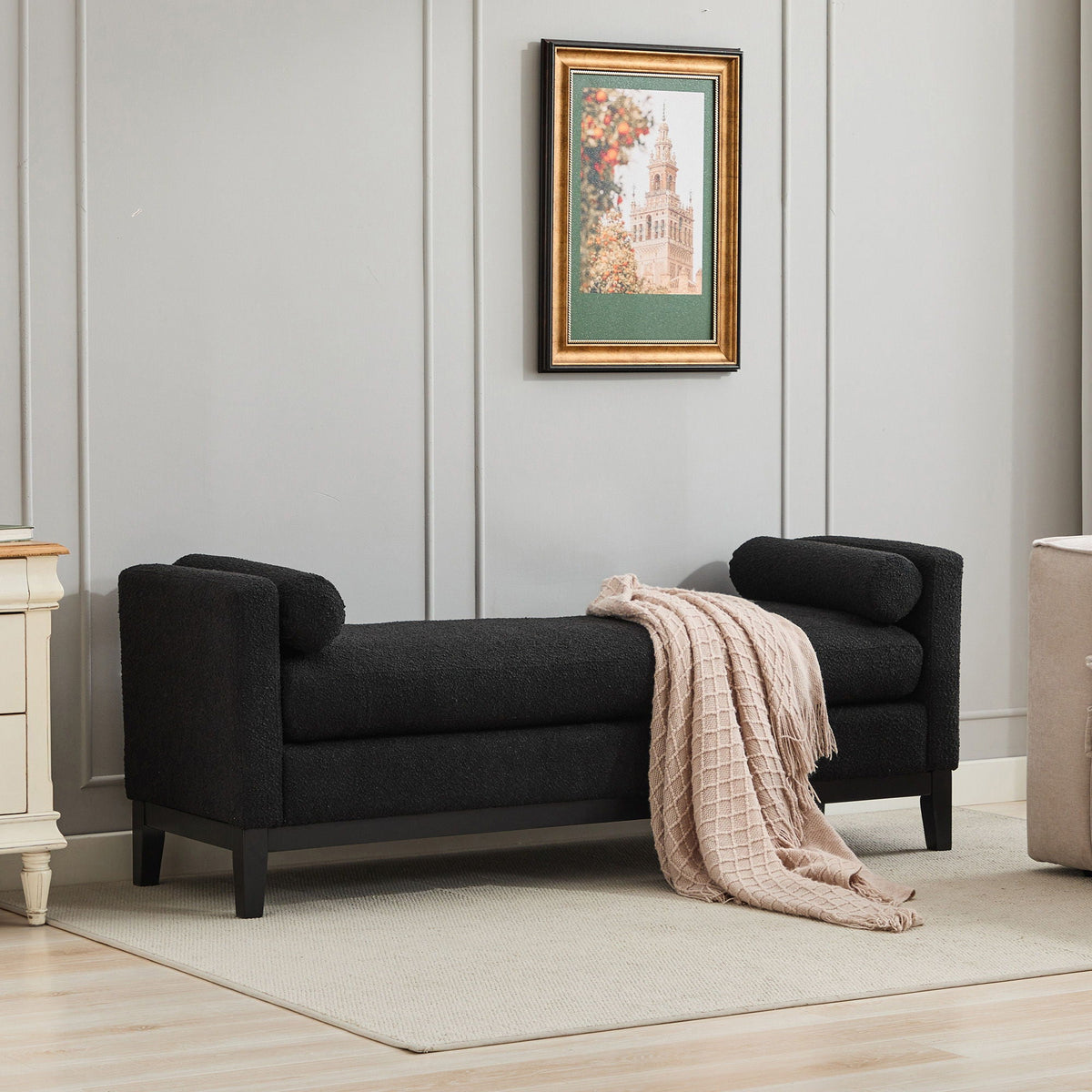Elegant Upholstered Bench, Daybed, Ottoman With Wood Legs & 2 Bolster Pillows - Black Boucle