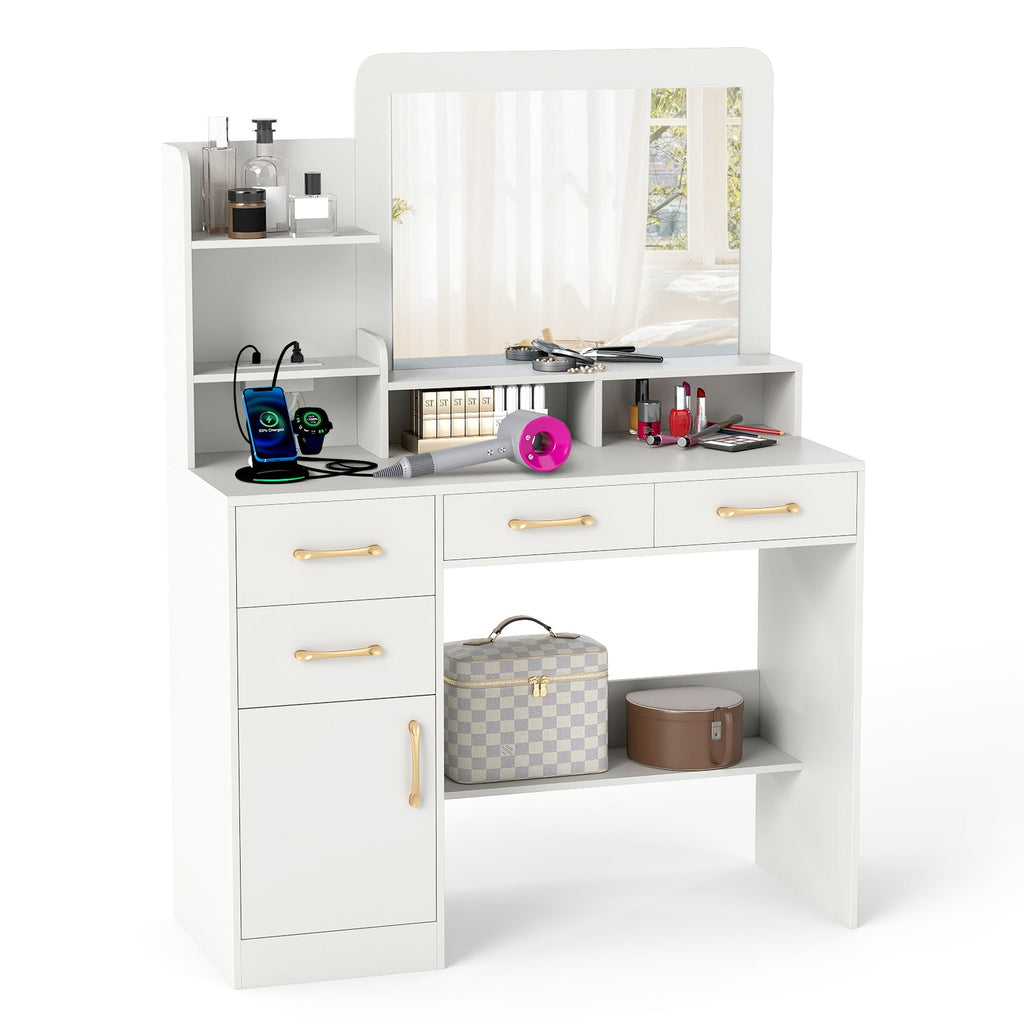 39.5 Inch Vanity Desk with Power Outlets and Mirror for Bedroom-White