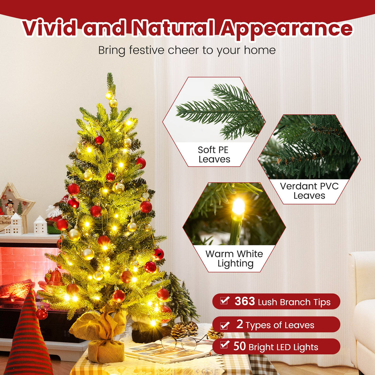3 Feet Mini Pre-Lit Artificial Christmas Tree Tabletop Xmas Tree with Burlap Base