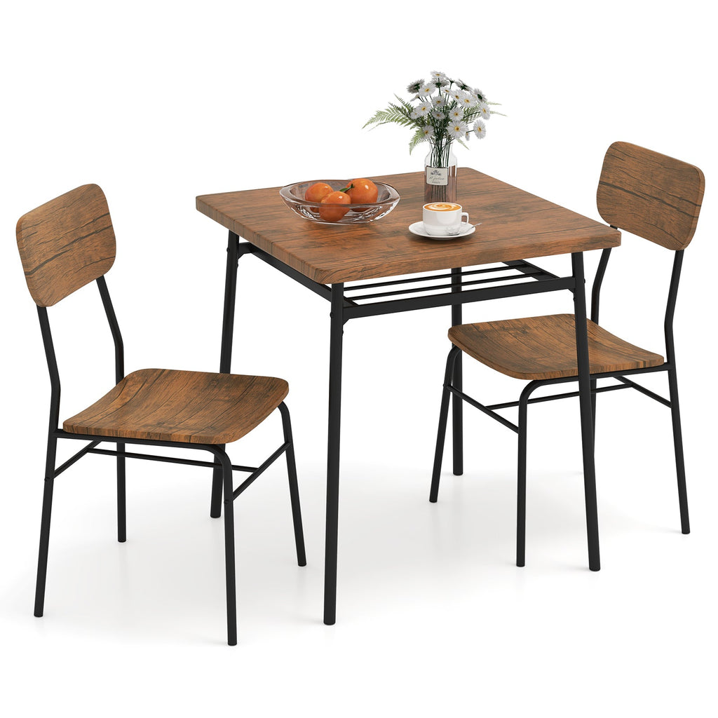 3 Piece Dining Table Set for 2 Wood Square Table with Metal Frame-Brown