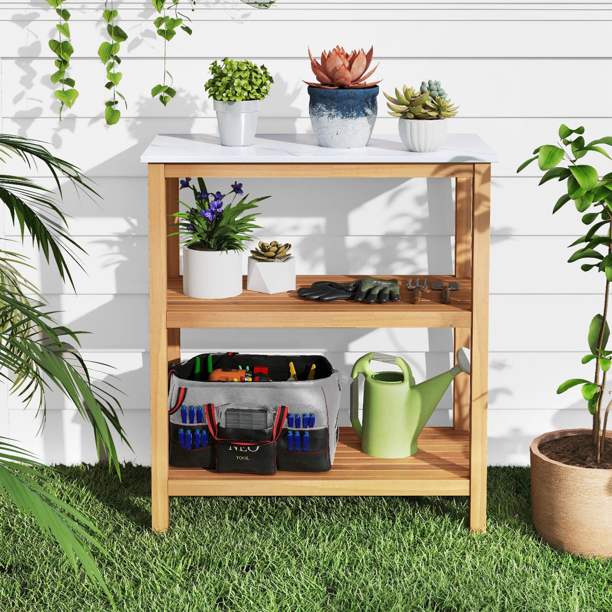 3-Tier Garden Potting Bench Table with Marble-Like Countertop